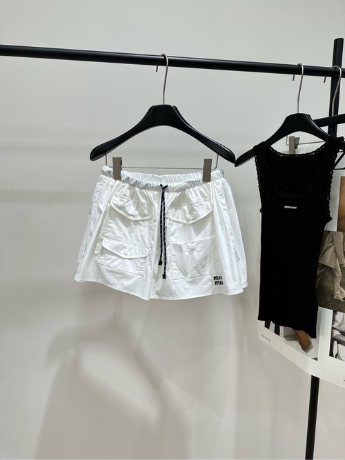 Miu Miu White Drawstring Cargo Midi Skirt with Letter Accents