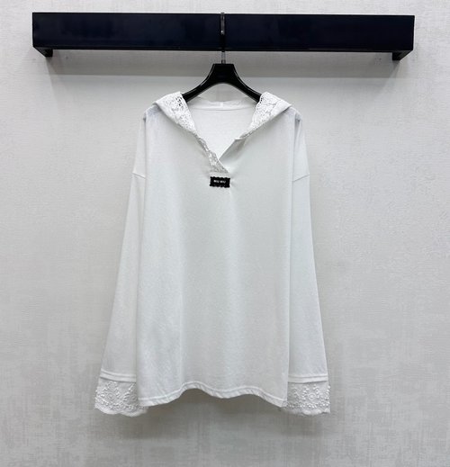 Miu Miu Lace-Trimmed Hooded Top with Logo, Imported Material