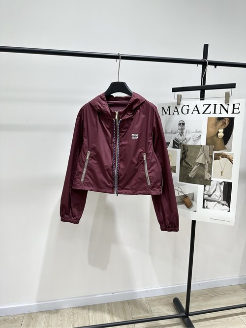 Miu Miu Wine Red Hooded Windbreaker with Brand Embroidery, Fashionable