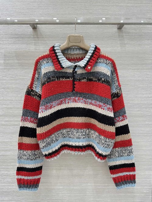 Celine Exclusive Color-striped Alpaca-wool Polo with Brooch