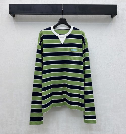 Prada Round - Neck Striped T - Shirt with Logo Decoration