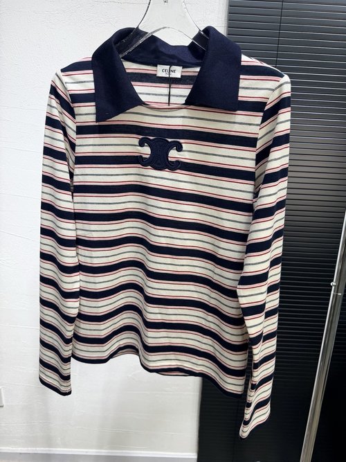 Celine Stylish Long-sleeved Polo Striped T-shirt with Handmade Logo