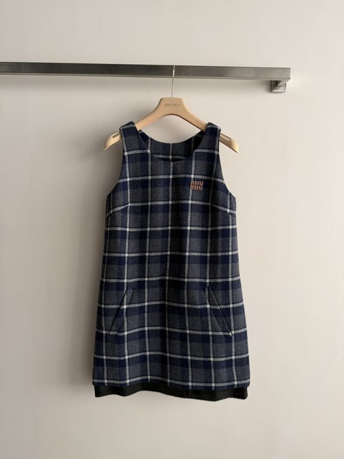 Loro Piana Checkered Wool Vest Dress in Blue-Gray-White