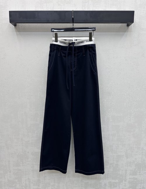 Chanel Custom Imported Cotton Drawstring Trousers with Letter Tape