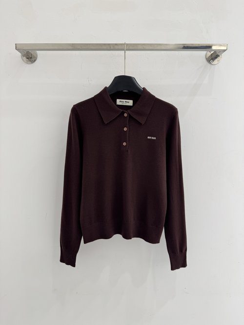 Miu Miu Polo Collar Long-Sleeve Knitted Top with Soft Texture