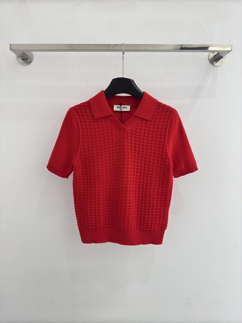 Miu Miu Comfortable Polo Collar Knitted Hollowed-Out Top