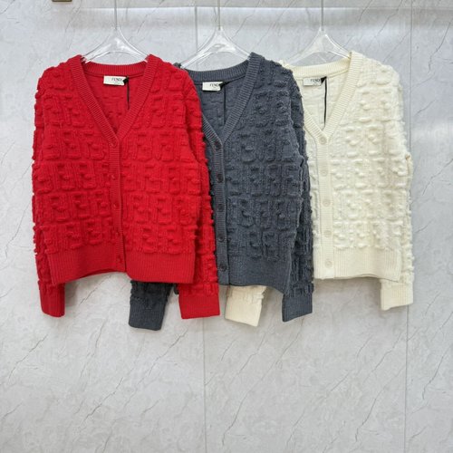 Fendi Comfortable FF Pattern Knit with V - Neck and Button Detailing