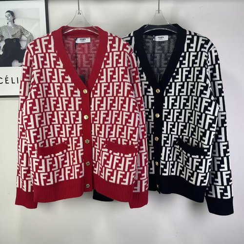 Fendi Casual Knit Cardigan with Double F Jacquard and Metal Buttons