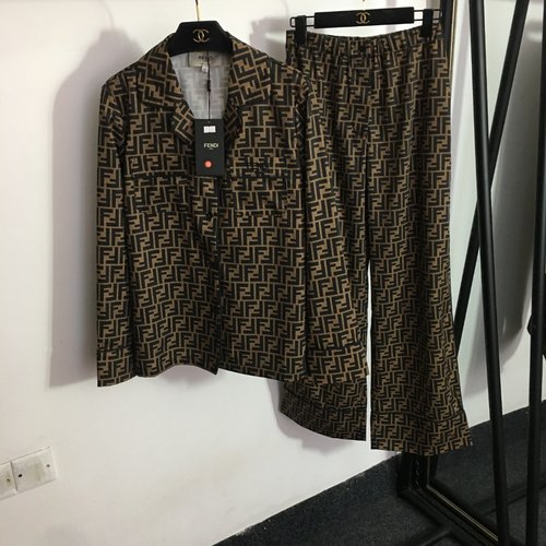 Fendi Brown Casual Set with Double-F Print Shirt and Trousers