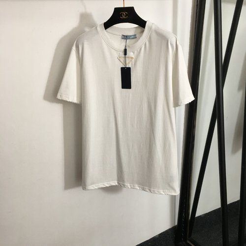 Prada Triangle Embroidered Patch Collar Letter Loose T-Shirt, Beige & White