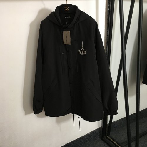 Balenciaga Black Hooded Windbreaker with Eiffel Tower Embroidery