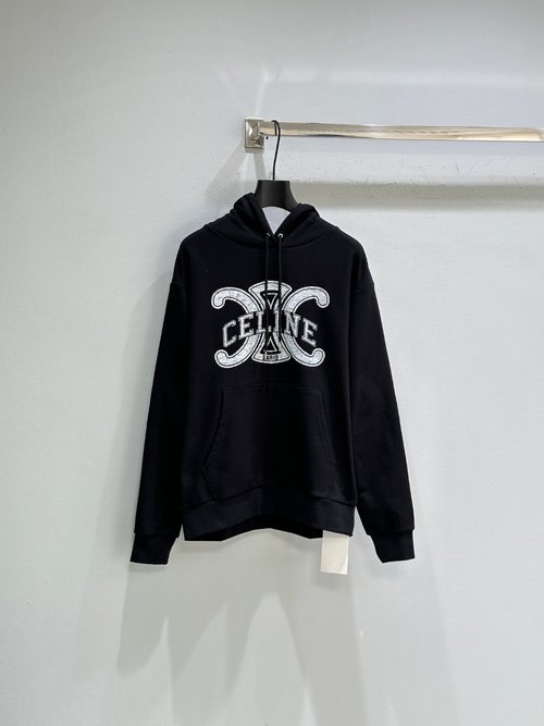 Celine Cozy Cotton Knit Hoodie with Brand Logo and Adjustable Drawstring Design