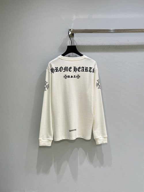 Chrome Hearts Cotton Waffle Knit Round-Neck Long Sleeve T-Shirt with Logos, New Arrival