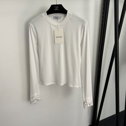 Valentino Solid Flower Cuff Pure Cotton Long-sleeved T-shirt