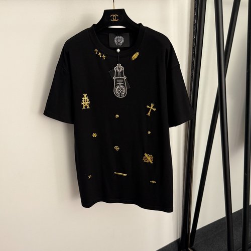 Chrome Hearts Custom Gold Logo Cross - Decorated Short - Sleeve T - Shirt, Multicolored