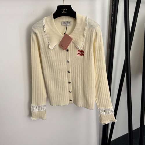 Miu Miu Knit Open-front Top with Logo Embroidery and Lace Hollow-out