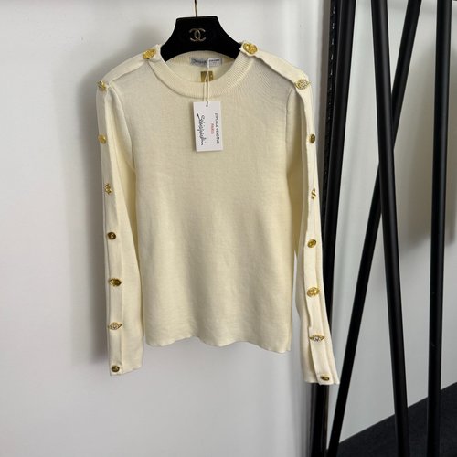 Schiaparelli Classic Side - Shaped Gold Button Knitted Pullover in Beige