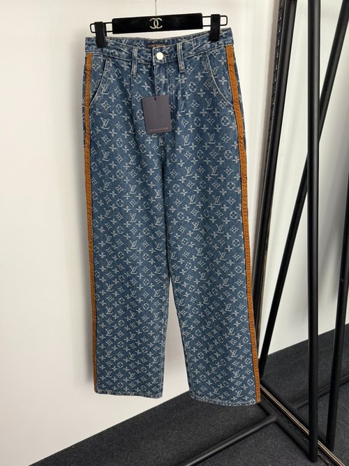 Louis Vuitton Monogram Logo Jacquard Ribbon Trim High Waist Straight Leg Jeans