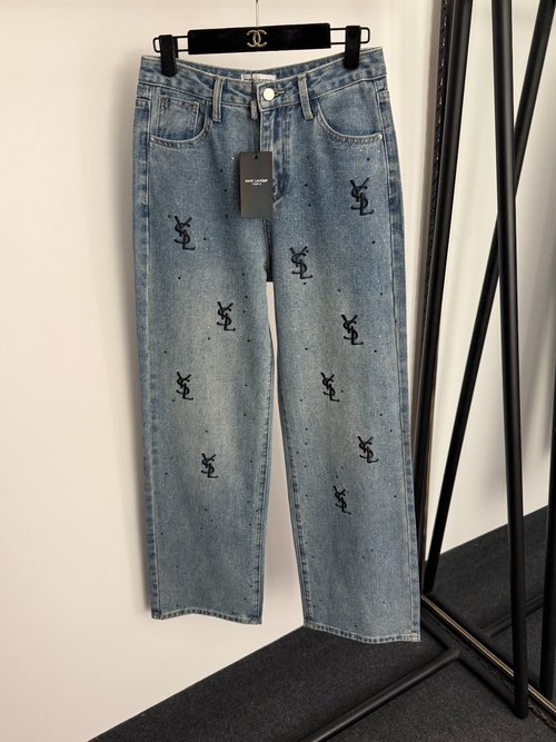 Yves Saint Laurent Logo Embroidered Letters Black and White Fashion Jeans