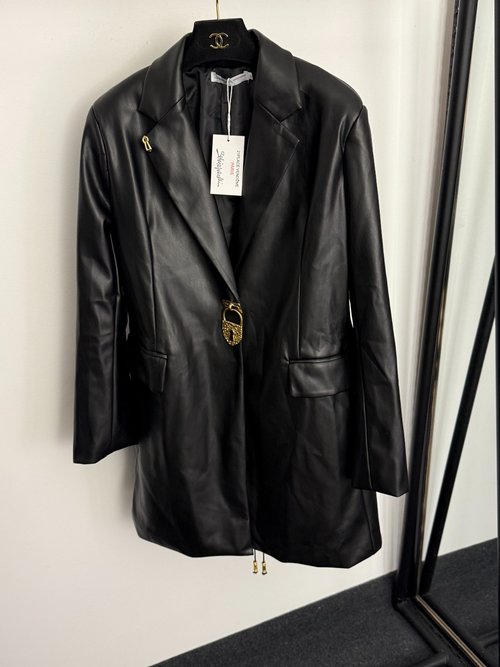 Schiaparelli Back Gold Button Lace-up Waist PU Leather Blazer