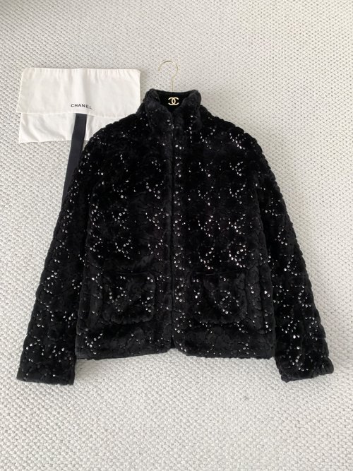 Chanel Sequined Furry Coat from Ski Collection with Dust Bag