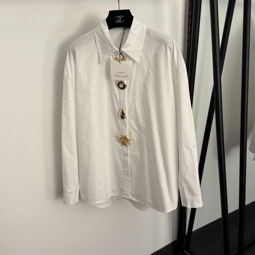 Schiaparelli Long-Sleeve Cotton Shirt with Alien Gold Buttons in White, Brown & Black