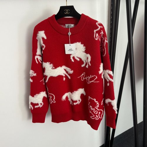 Hermes Red Pony Jacquard Pullover Knitted Sweater