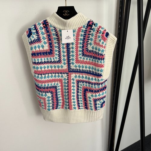 Hermes New White Ethnic Hollow Knitted Vest