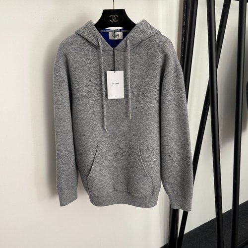 Celine Long-sleeved Hooded Wool Knit Sweater with Chest Logo