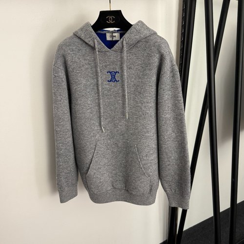 Celine Long-sleeved Hooded Wool Knit Sweater with Chest Logo