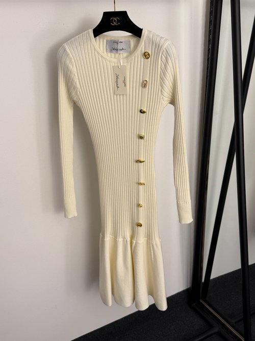 Schiaparelli New Knit Long-Sleeve Dress with Gold Buttons and Ruffled Hem in Multiple Colors