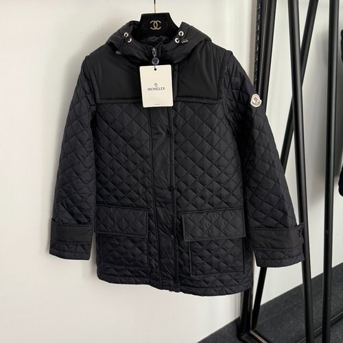 Moncler Lightweight Cotton Jacket with Logo Embroidery and Checker Pattern