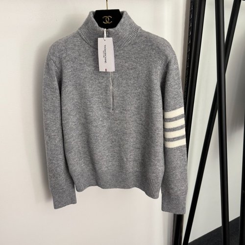 Thom Browne Four - stripe Half - zipper Long - sleeve Wool Knit Top in Gray, Blue