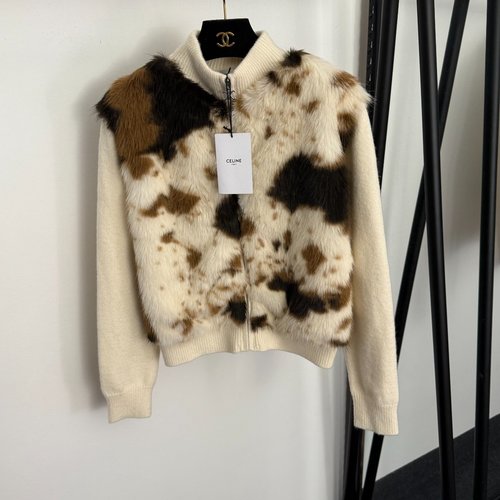 Celine Back Logo Embroidery Faux Mink Long-sleeved Knit Cardigan