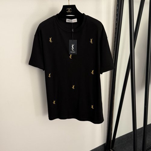 Yves Saint Laurent Metal Logo Letter Decorated Casual Short Sleeve T-Shirt