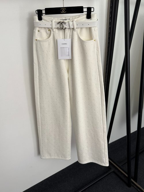 Chanel Trendy Logo Studded High-Waist Jeans with Belt