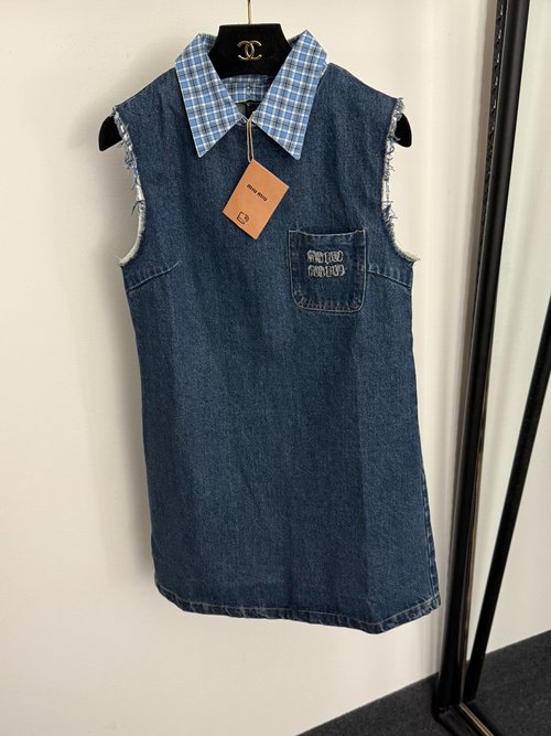 Miu Miu Denim Sleeveless Dress with Logo Pocket & Collar Patch