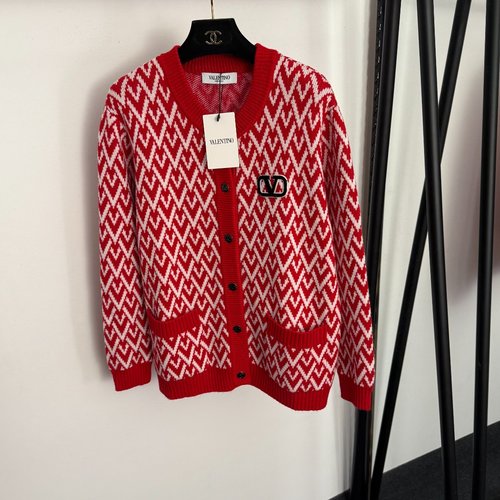 Valentino V-Letter Embroidery Colorful Jacquard Wool Cardigan