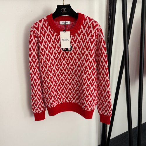 Valentino V-Letter Embroidery Colorful Jacquard Wool Sweater