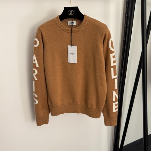 Celine Coffee Color Side Logo Letter Wool Sweater