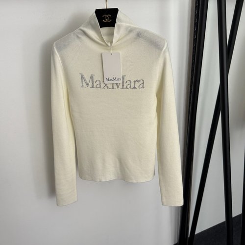 Max Mara Hot-Fixed Logo Letter Half-High Collar Long-Sleeve Knit Base Layer in Two Colors