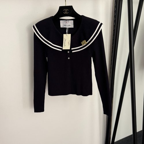 Schiaparelli Striped Navy Collared Long-Sleeved Pullover Knit with Keyhole Pins