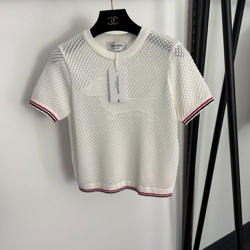 Thom Browne Dog Pattern Hollowed-Out Short-Sleeve Knit T-Shirt