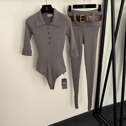 Yves Saint Laurent Knit Jumpsuit with Waist Belt in Gray and Black