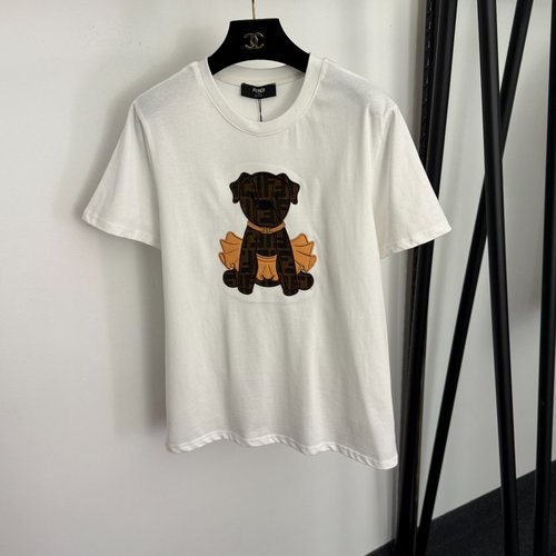 Fendi Cotton Short-Sleeve T-Shirt with Dog Embroidery Pattern Patch