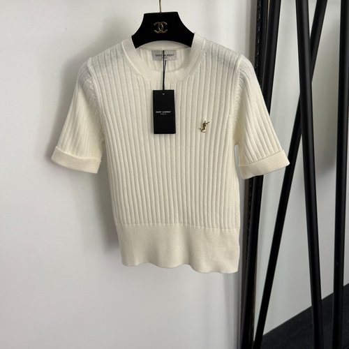 Yves Saint Laurent Classic Striped Short-Sleeve Wool Knit T-Shirt in White and Black