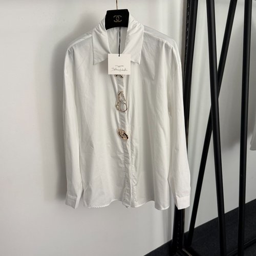 Schiaparelli Classic Metal Shaped Button Collared Long Sleeve Shirt in White and Brown