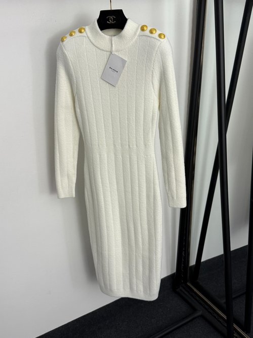 Balmain Buttoned Waist-Trimmed Knit Long Sleeve Dress with Padded Shoulders