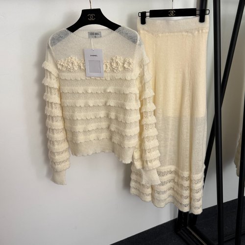 Chanel 3D Floral Knit Set with Sweater and High-Waisted Skirt