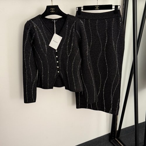 Balmain Rhinestone-Embellished Silk Blend Suit with Knit Top and Skirt